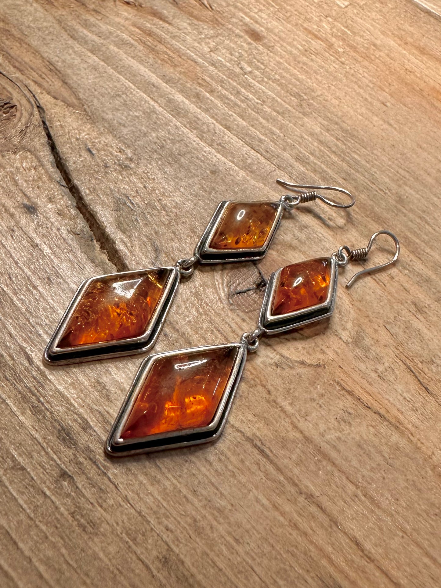 Vintage Amber Diamond Shaped Dangle 925 Silver Earrings