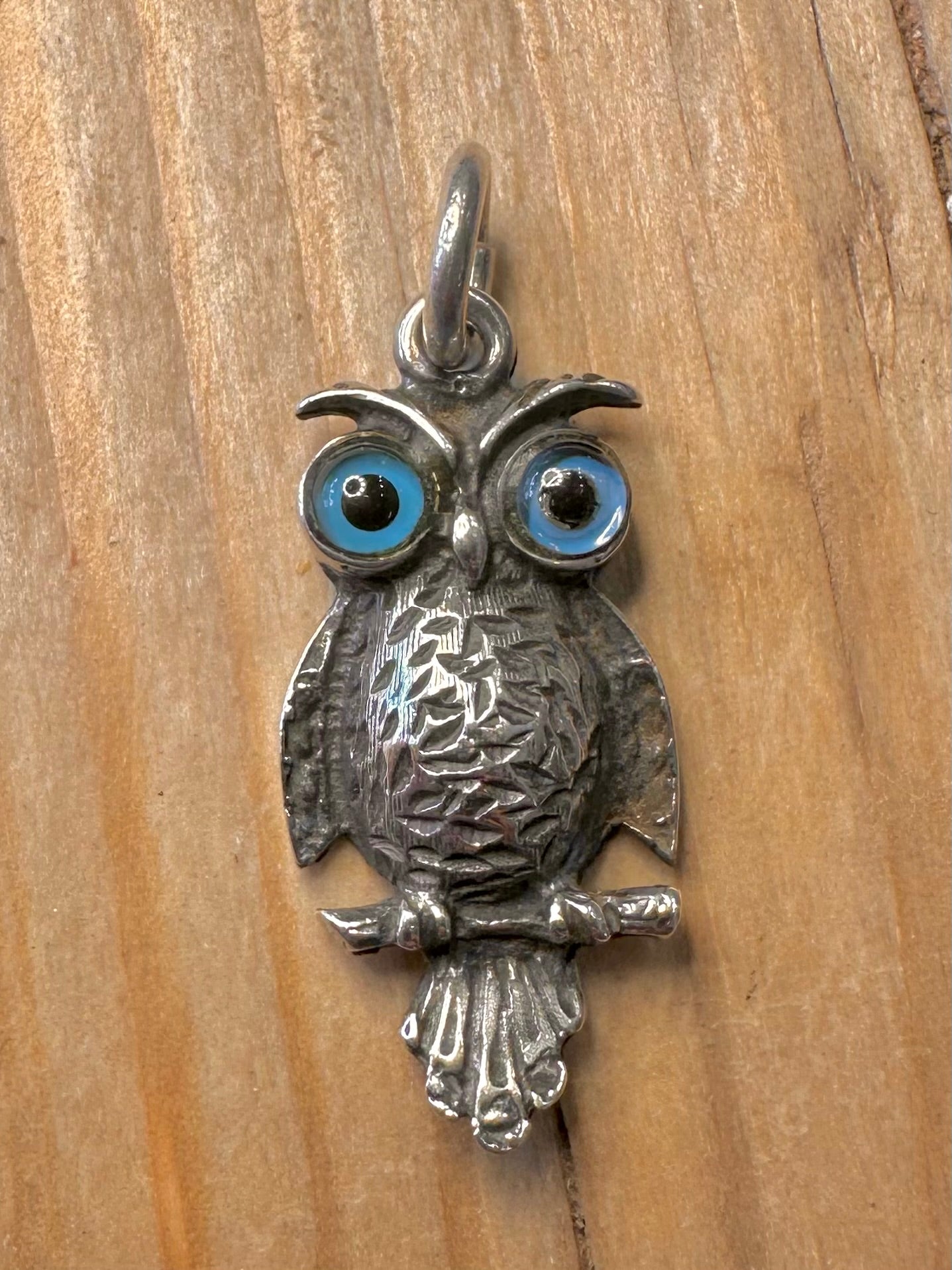 Vintage Owl Blue Eyes 925 Silver Pendant