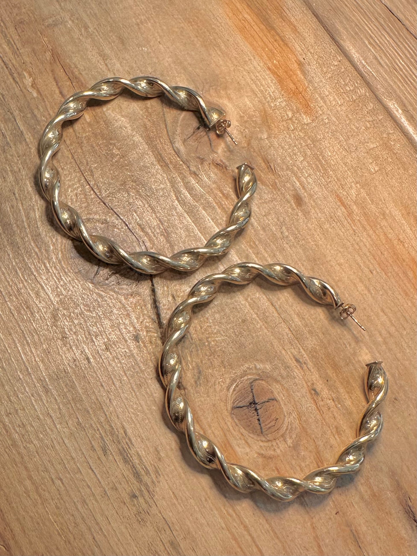 Vintage Chunky Textured Twisted Gold on 925 Silver Hoop Earrings