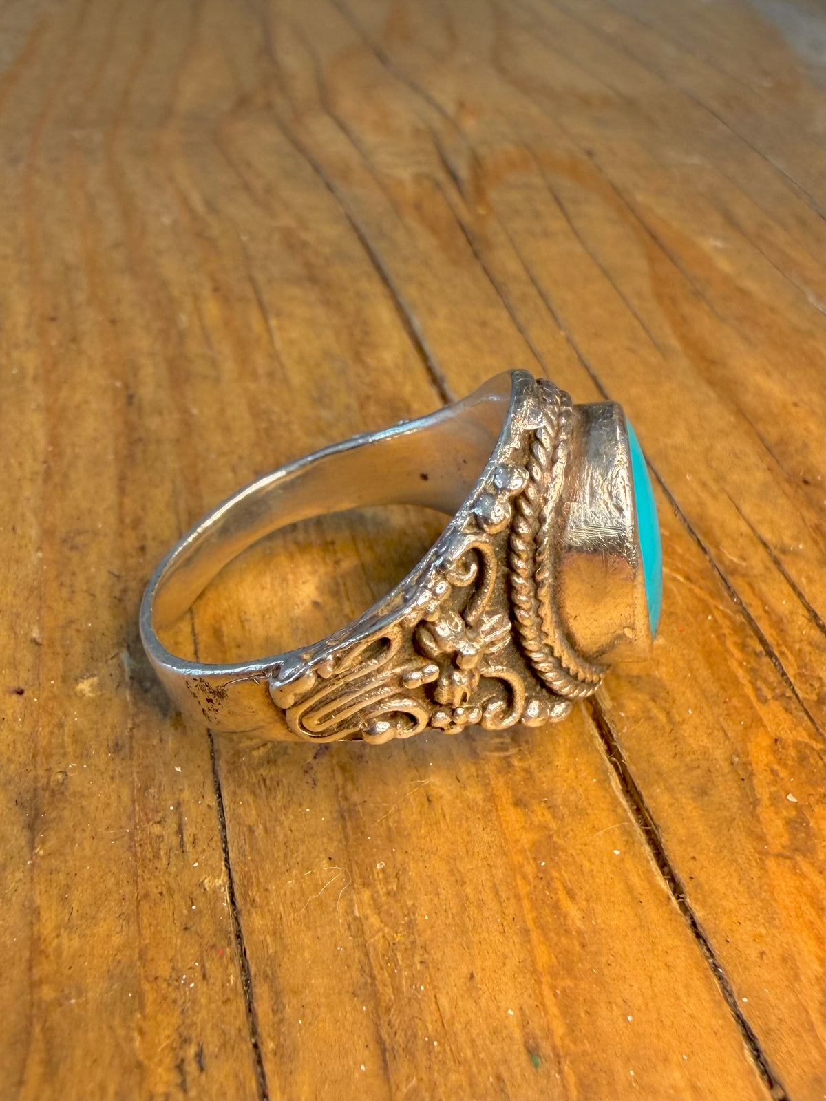 Turquoise Signet Ornate Design 925 Sterling Silver Size V Ring