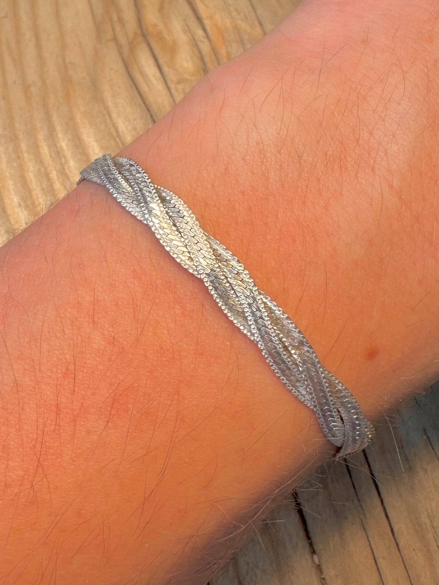 Vintage Twisted Woven Flat Chain 925 Silver 7.2 inch Bracelet