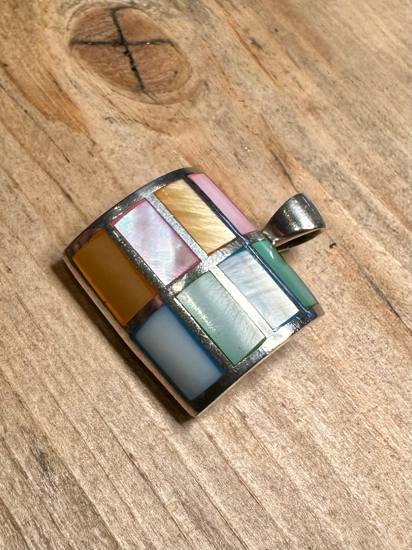 Modernist Multi Coloured Mother of Pearl Curved Square 925 Silver Pendant
