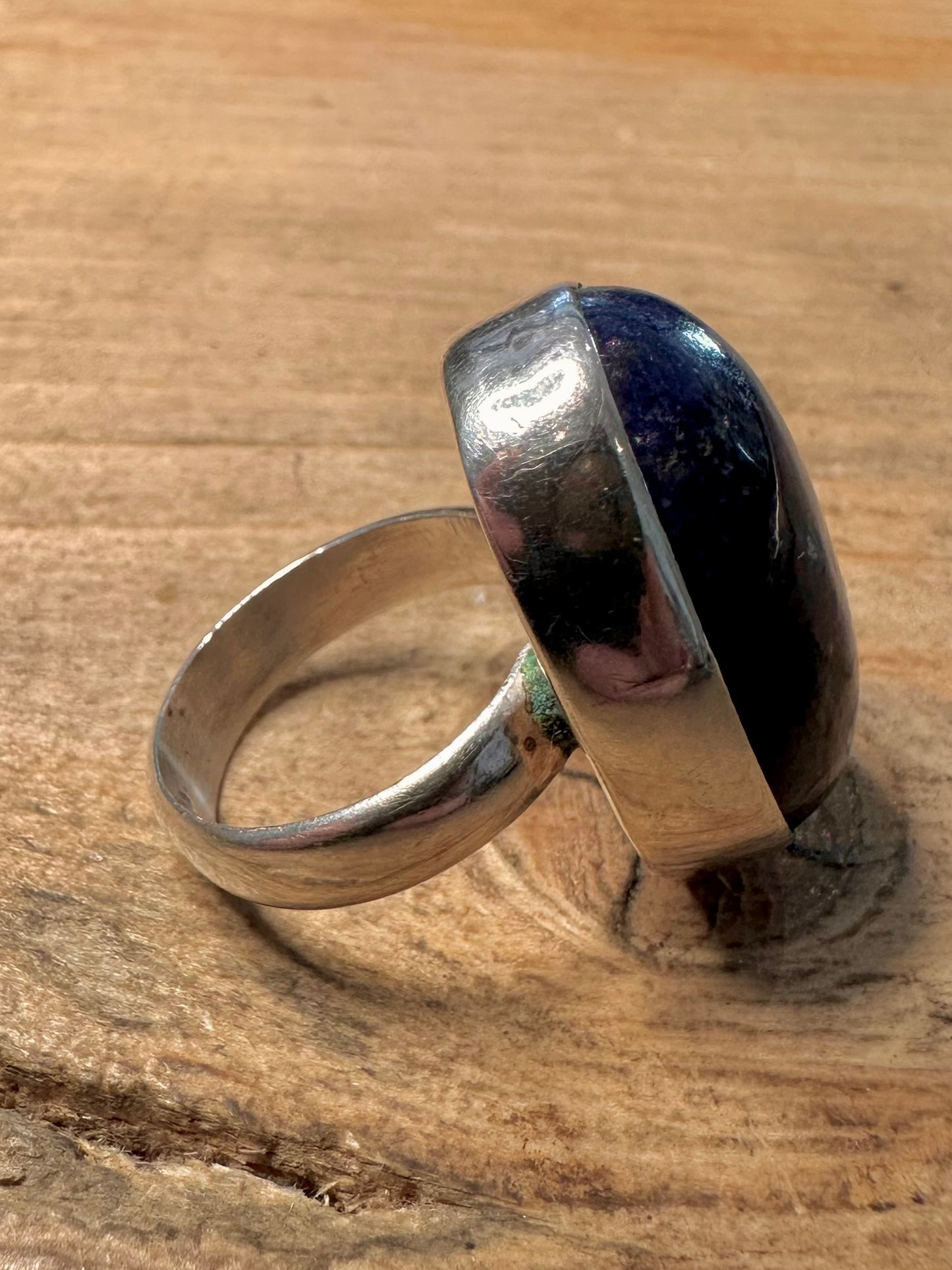 Vintage Large Oval Lapis 925 Silver Size M Ring