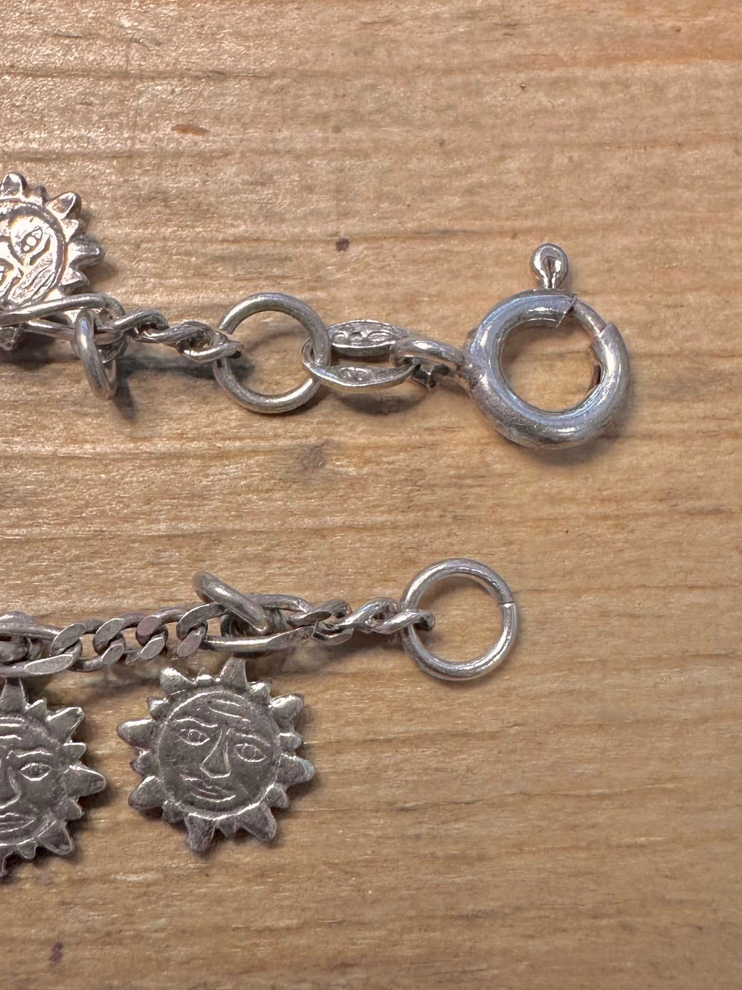 Vintage Figaro Chain Sun Face and Beads 925 Silver 7.4 inch Bracelet
