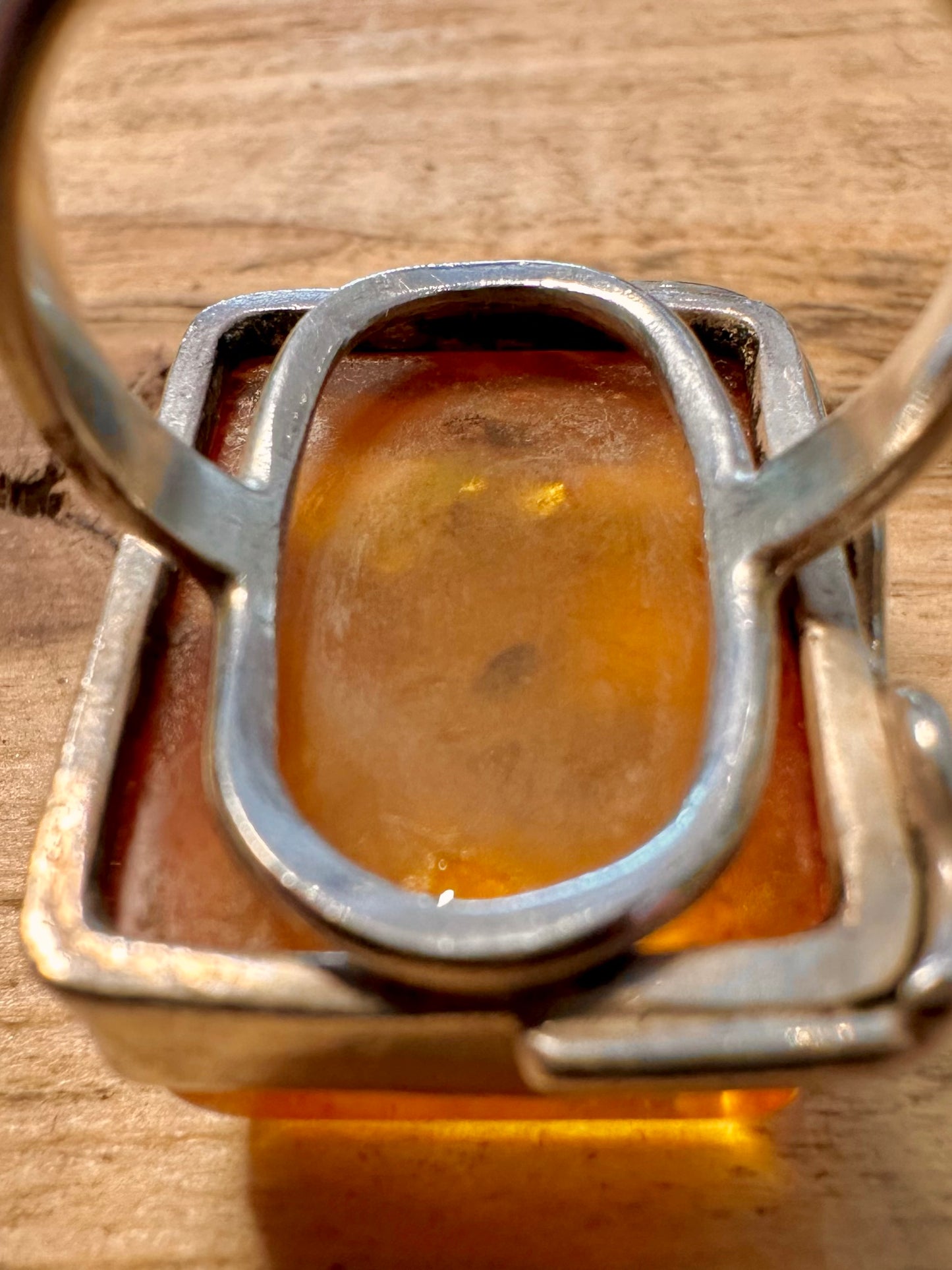 Vintage Large Amber Rectangle 925 Silver Size Q Ring