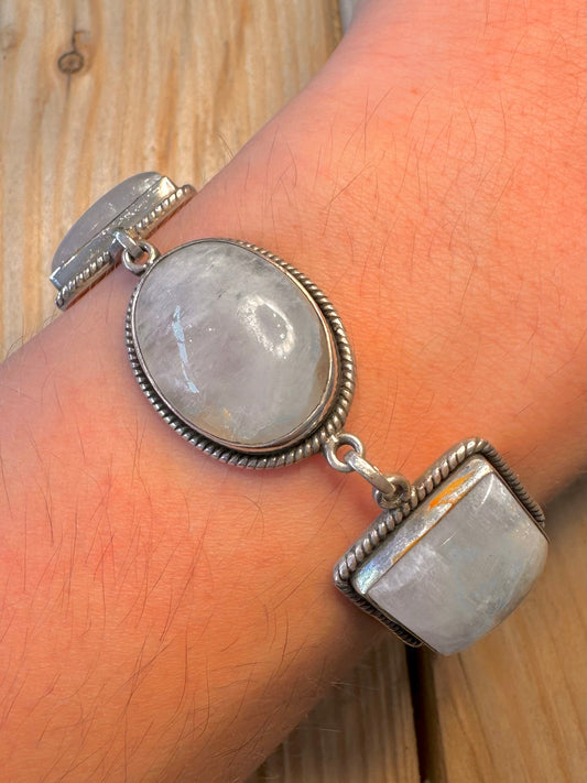 Vintage Moonstone Shaped Links 925 Silver 7.5 inch Bracelet