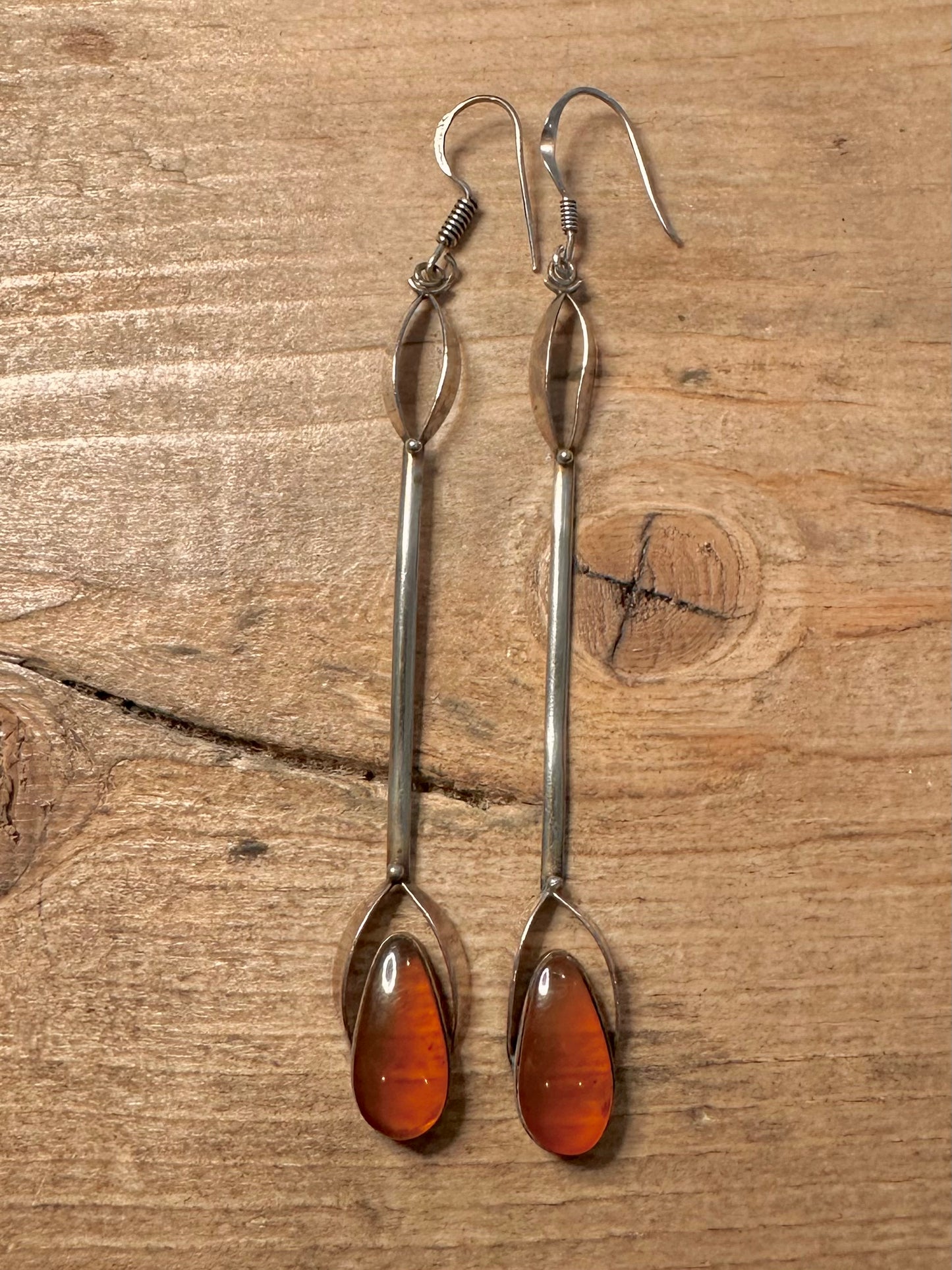 Vintage Long Amber Dangle 925 Silver Earrings