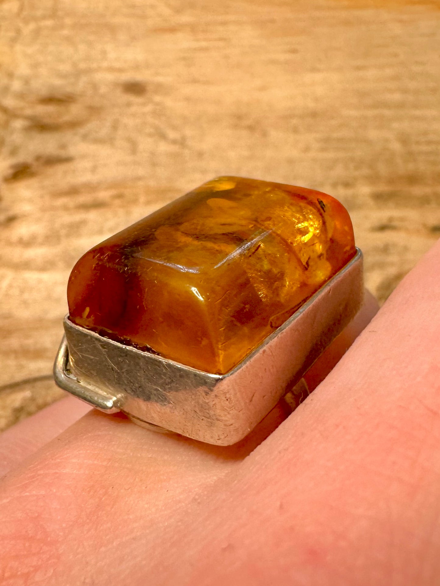 Vintage Large Amber Rectangle 925 Silver Size Q Ring