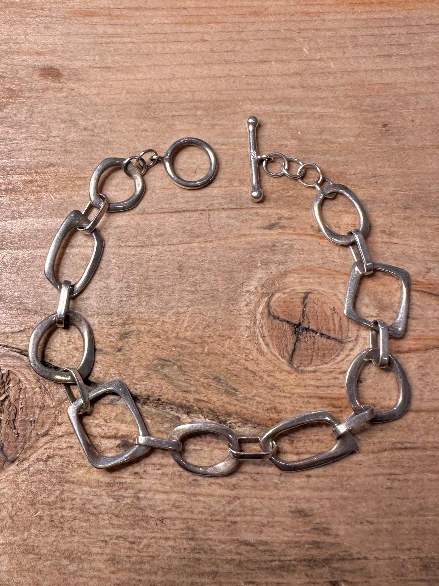 Abstract Multi Shaped T Bar Clasp 925 Silver 7.5 inch Bracelet