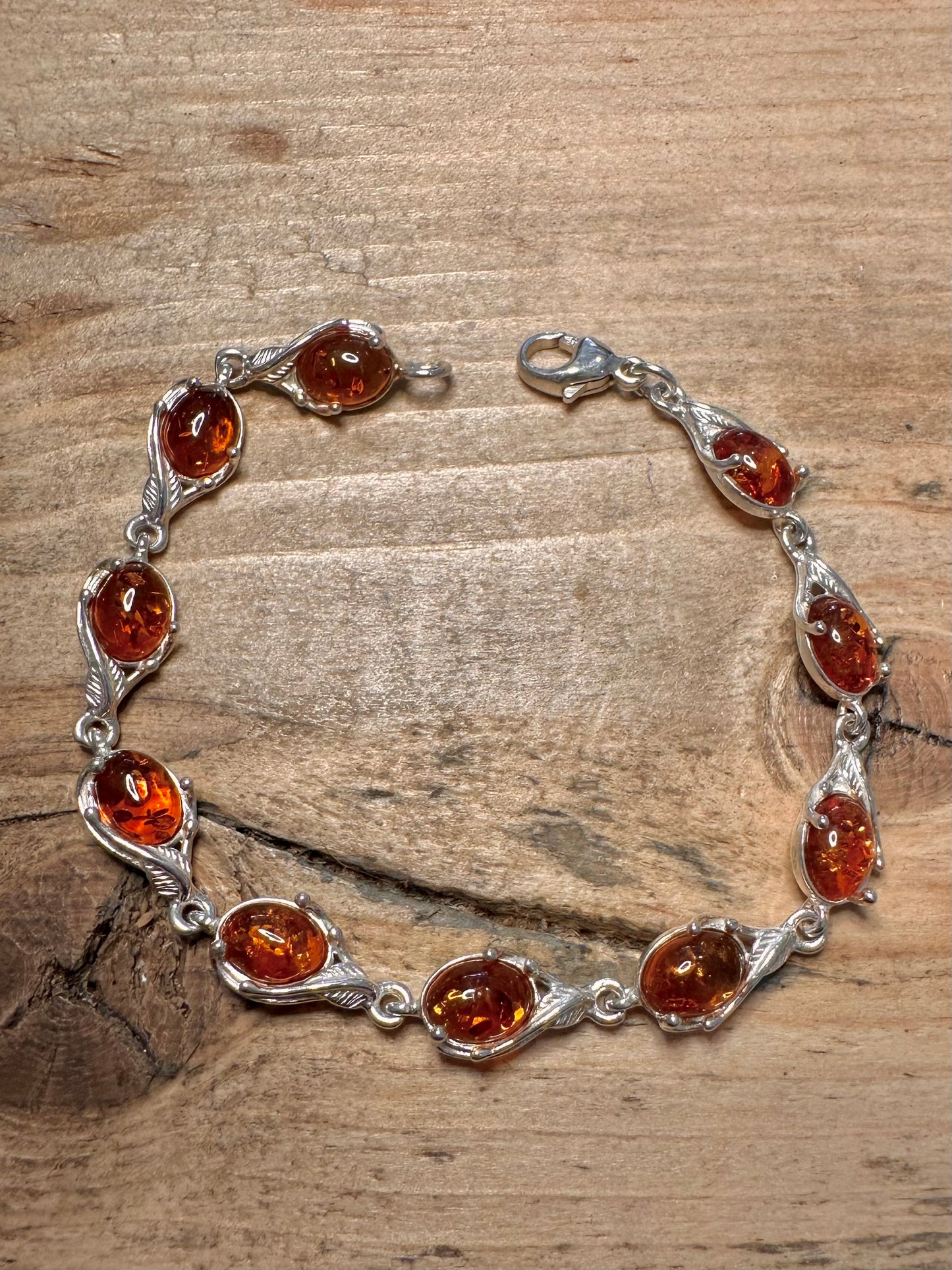 Vintage Unique Amber Link 925 Silver 7 inch Bracelet