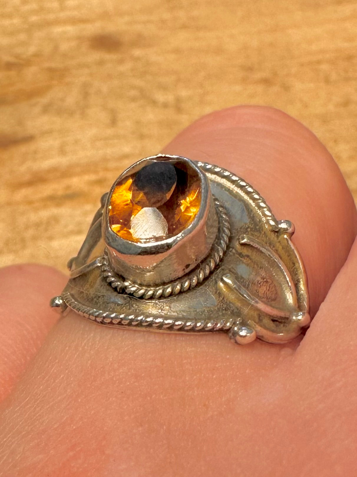 Vintage Citrine Boho 925 Silver Size S Ring