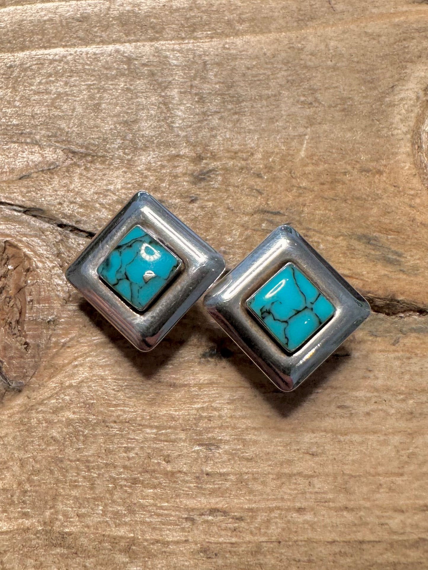 Vintage Polished Turquoise Square 925 Silver Earrings