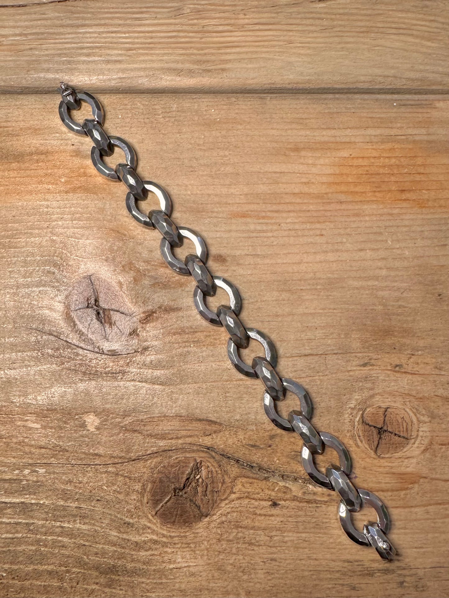 Abstract Oval Hammered Link 925 Silver 7 inch Bracelet