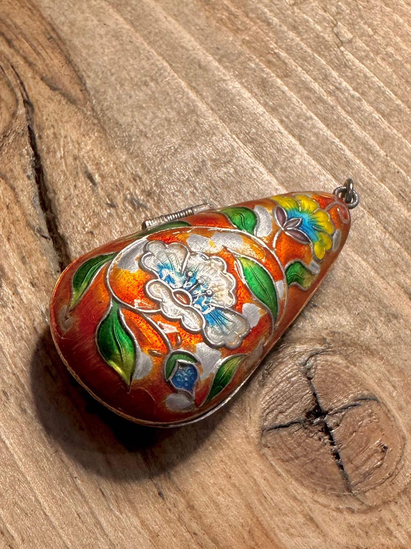 Vintage Enamel Painted Floral Locket 925 Silver Pendant
