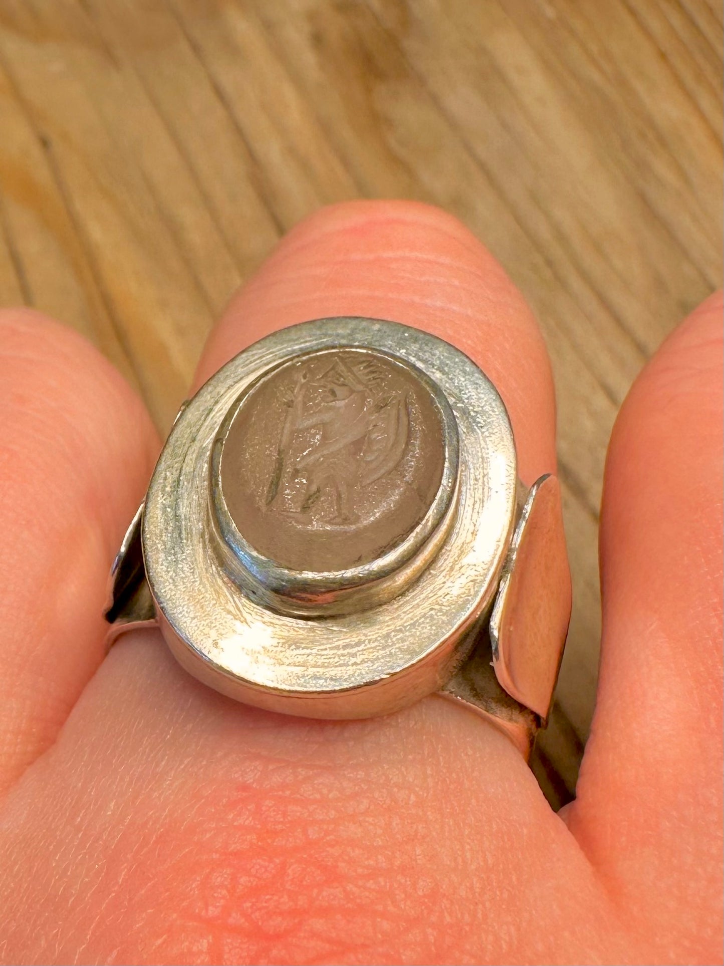 Vintage Tribal Figure Agate Intaglio 925 Sterling Silver Size X Ring