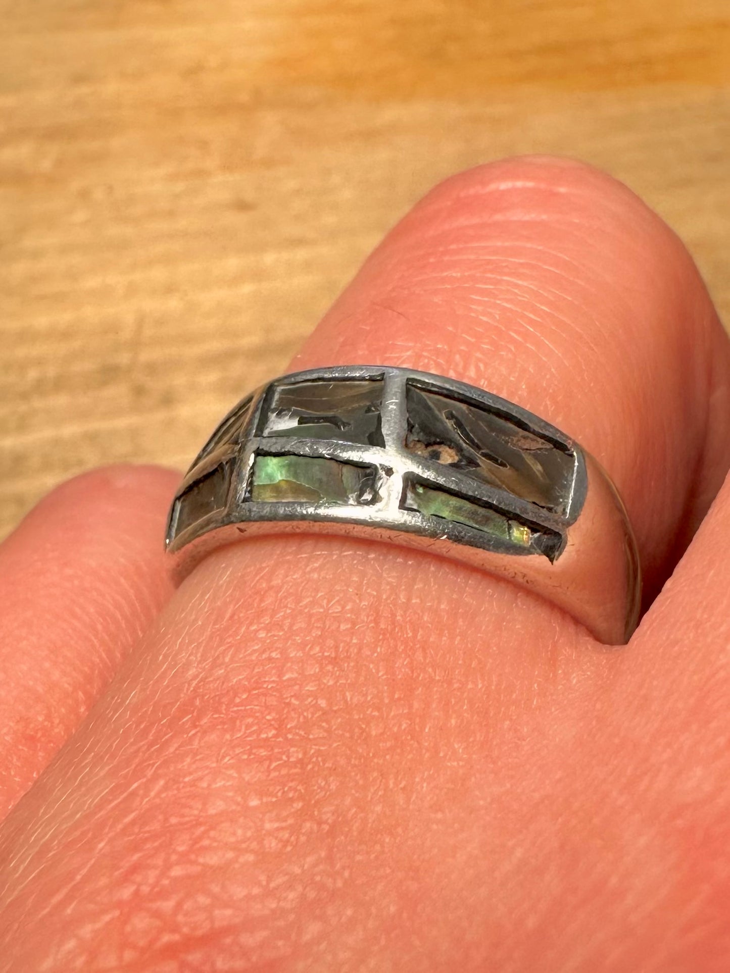 Abstract Abalone Inlay 925 Silver Size P Ring
