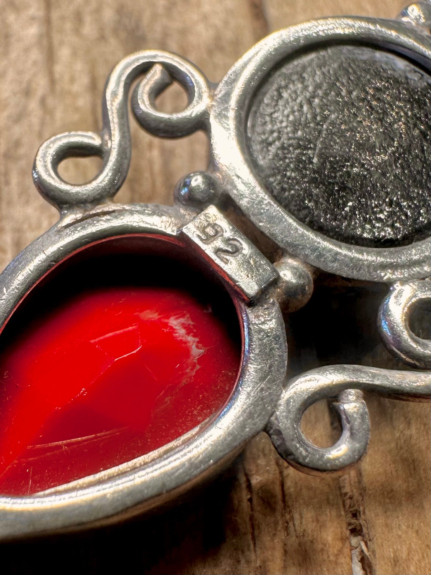 Vintage Red Stone and Glass Foil 925 Sterling Silver Pendant