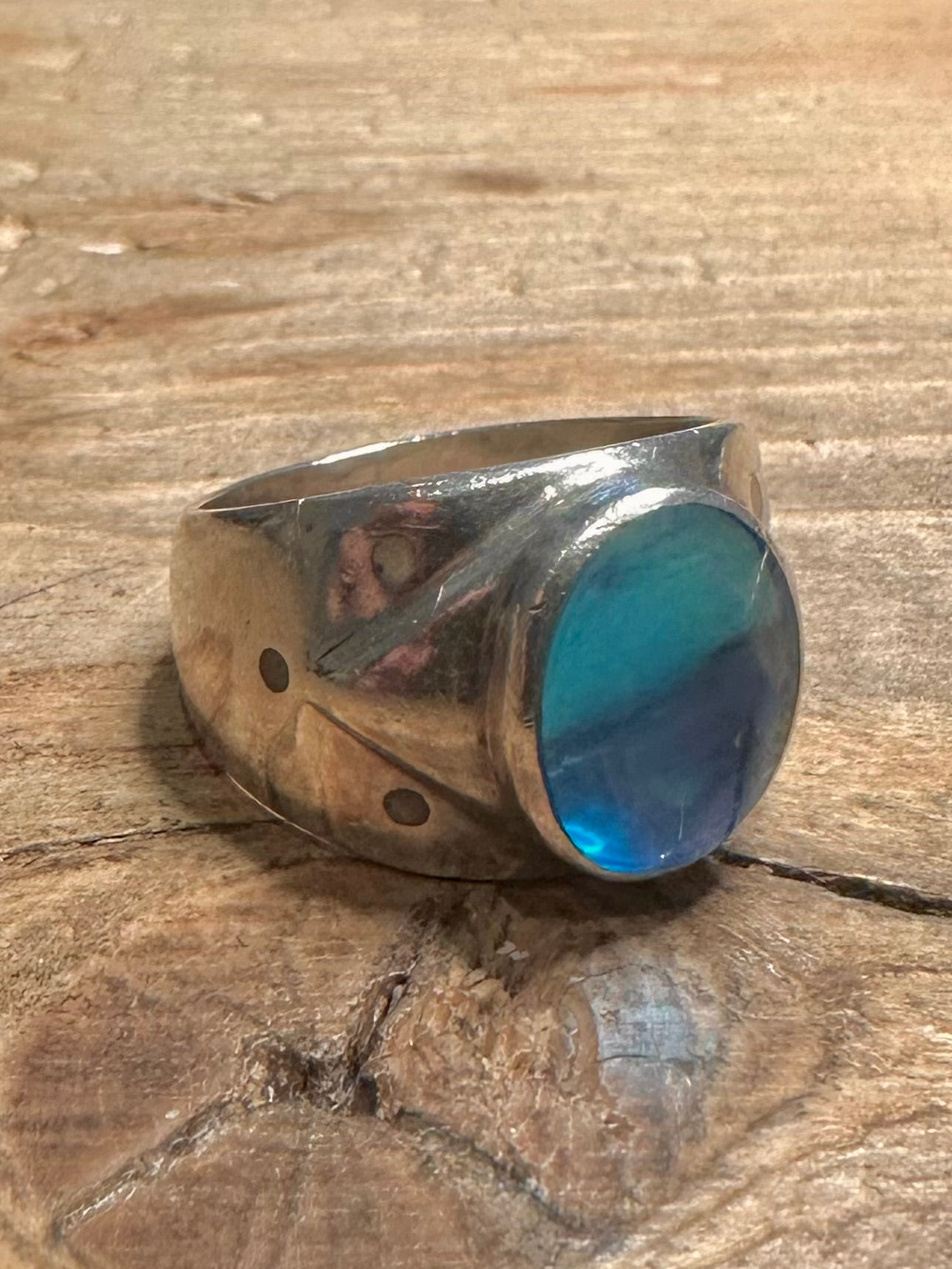 Vintage Blue Oval Chunky 925 Silver Size R Ring