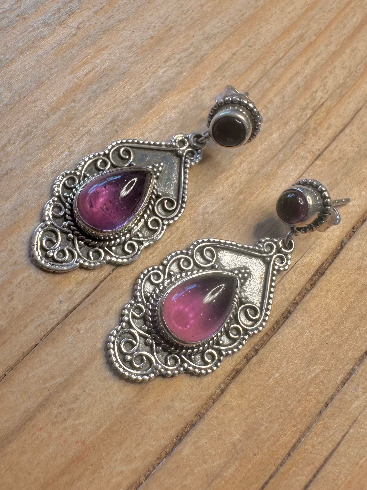 Vintage Amethyst Boho Dangle 925 Sterling Silver Earrings