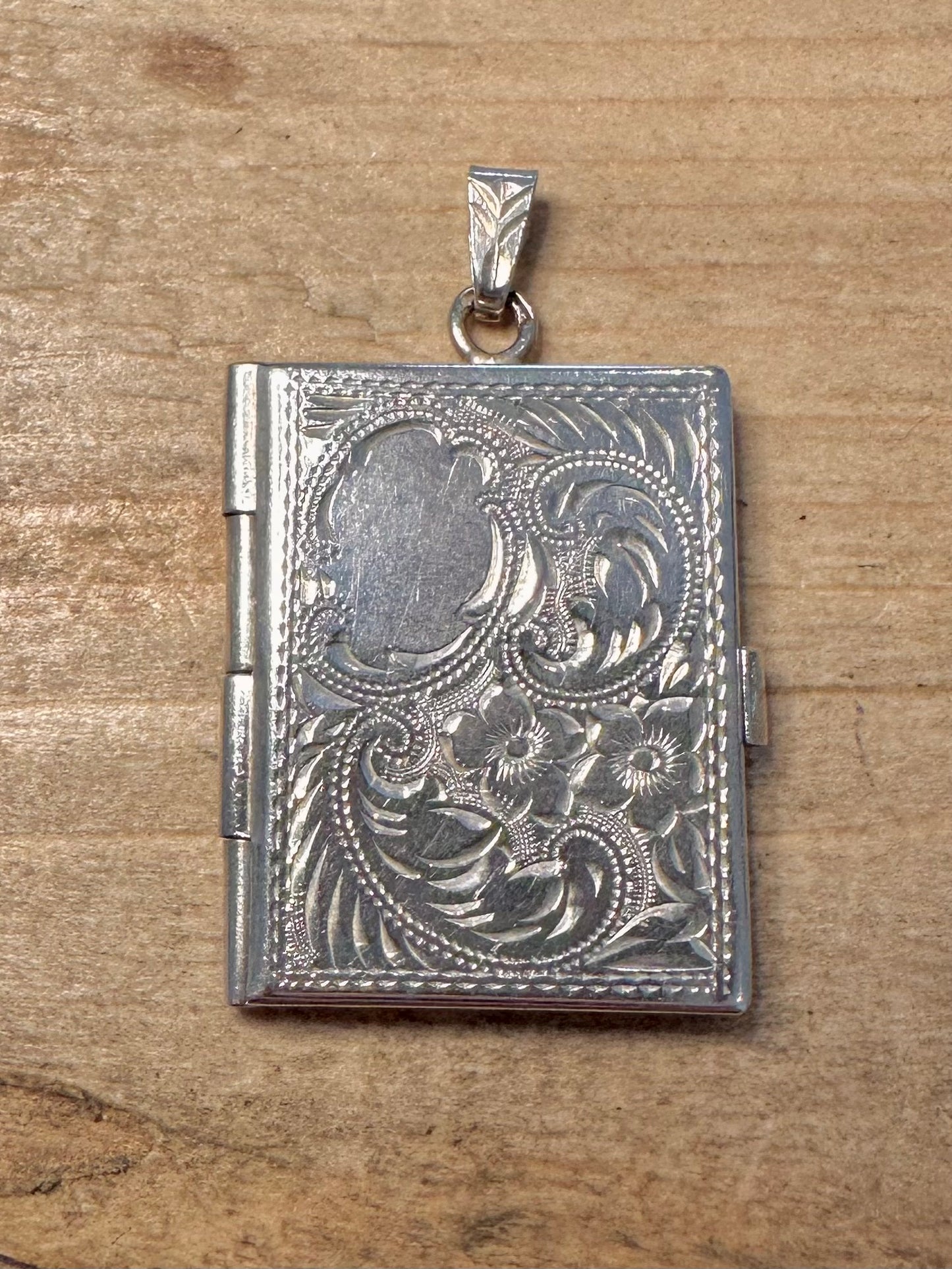 Vintage Engraved Rectangle Book 925 Silver Locket Pendant
