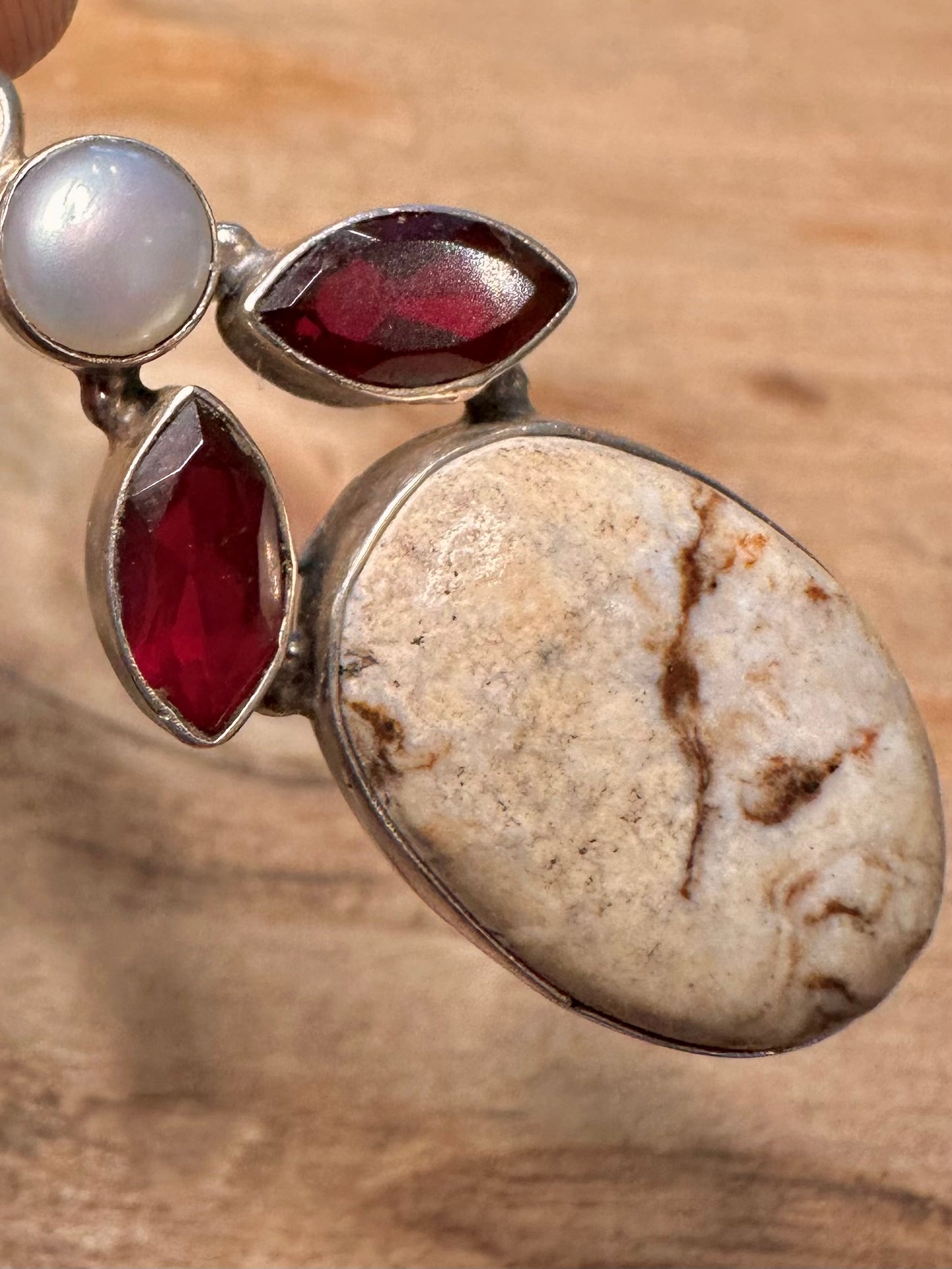 Vintage Agate Garnet and Pearl 925 Silver Pendant