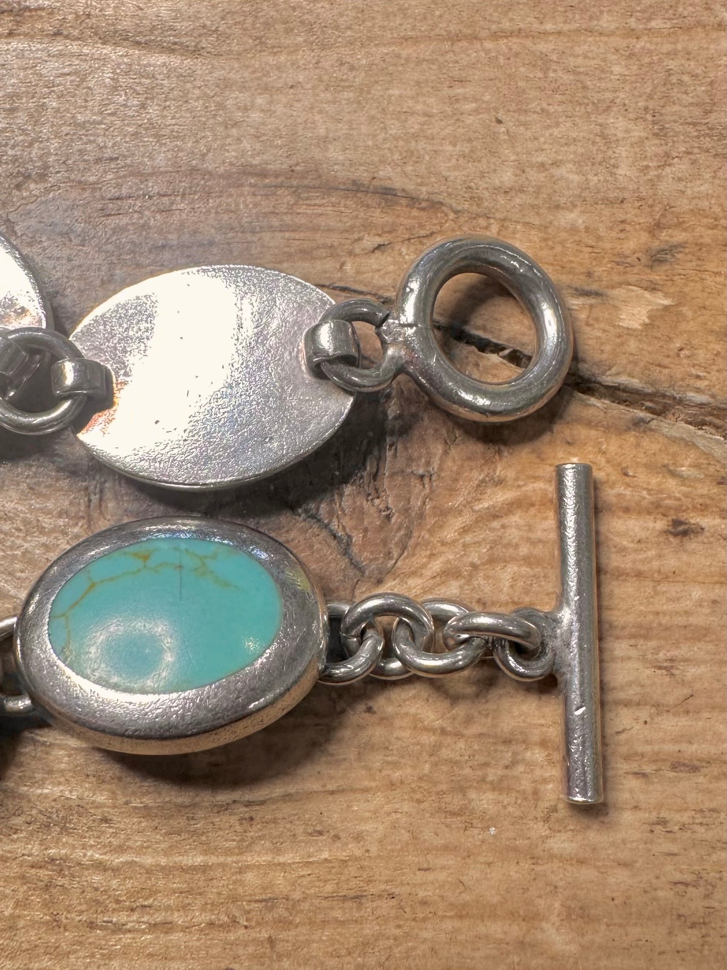 Vintage Polished Turquoise Oval Heavy Links T Bar 925 Silver Mexico Bracelet