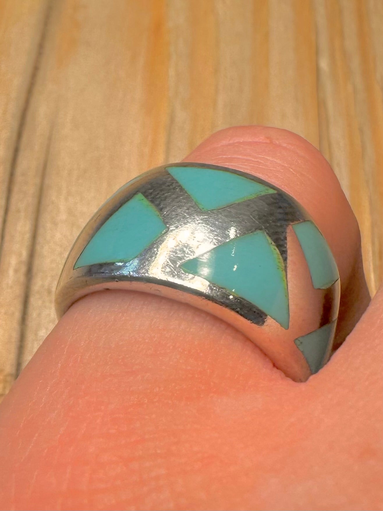 Modernist Turquoise Inlay 925 Silver Size O1/2 Ring