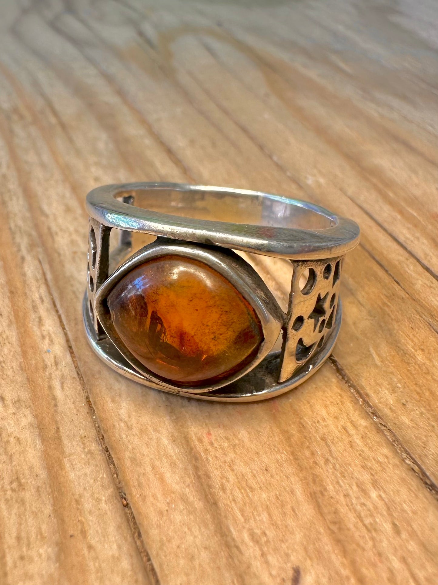 Vintage Amber Stars and Moons 925 Sterling Silver Size R Ring
