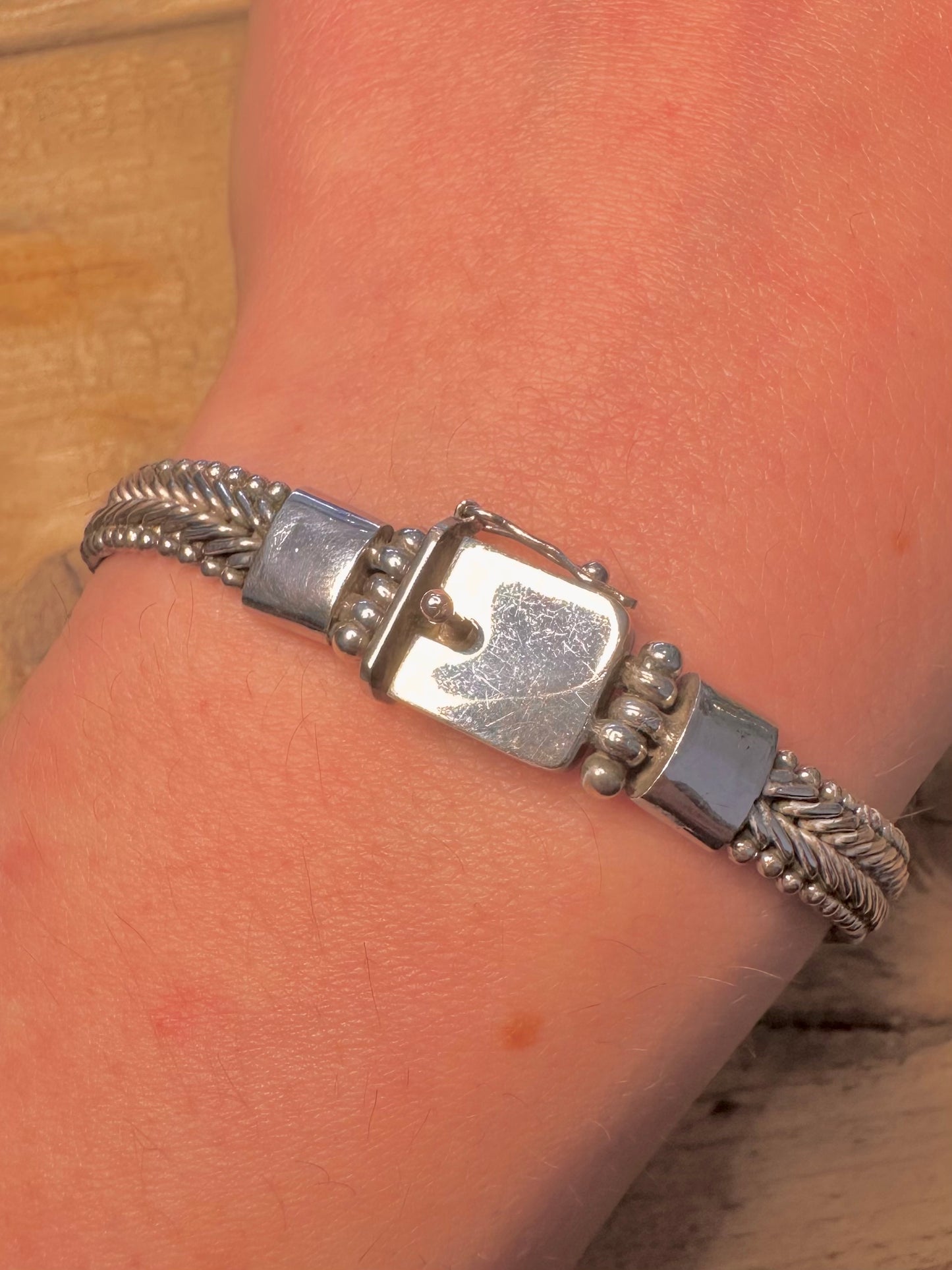 Vintage Glass Foil Woven Link Box Clasp 925 Silver 7.3 inch Bracelet