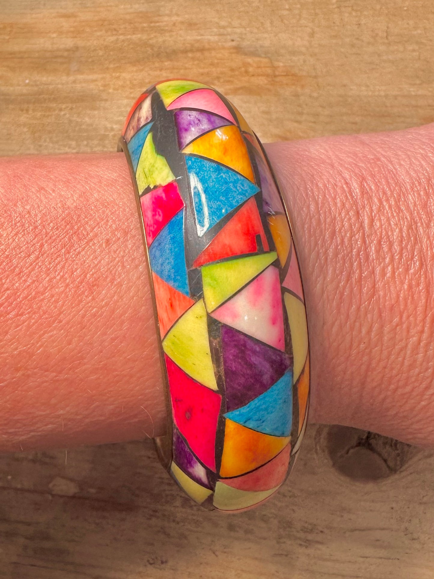 Vintage Mosaic Multi Coloured Brass Bangle