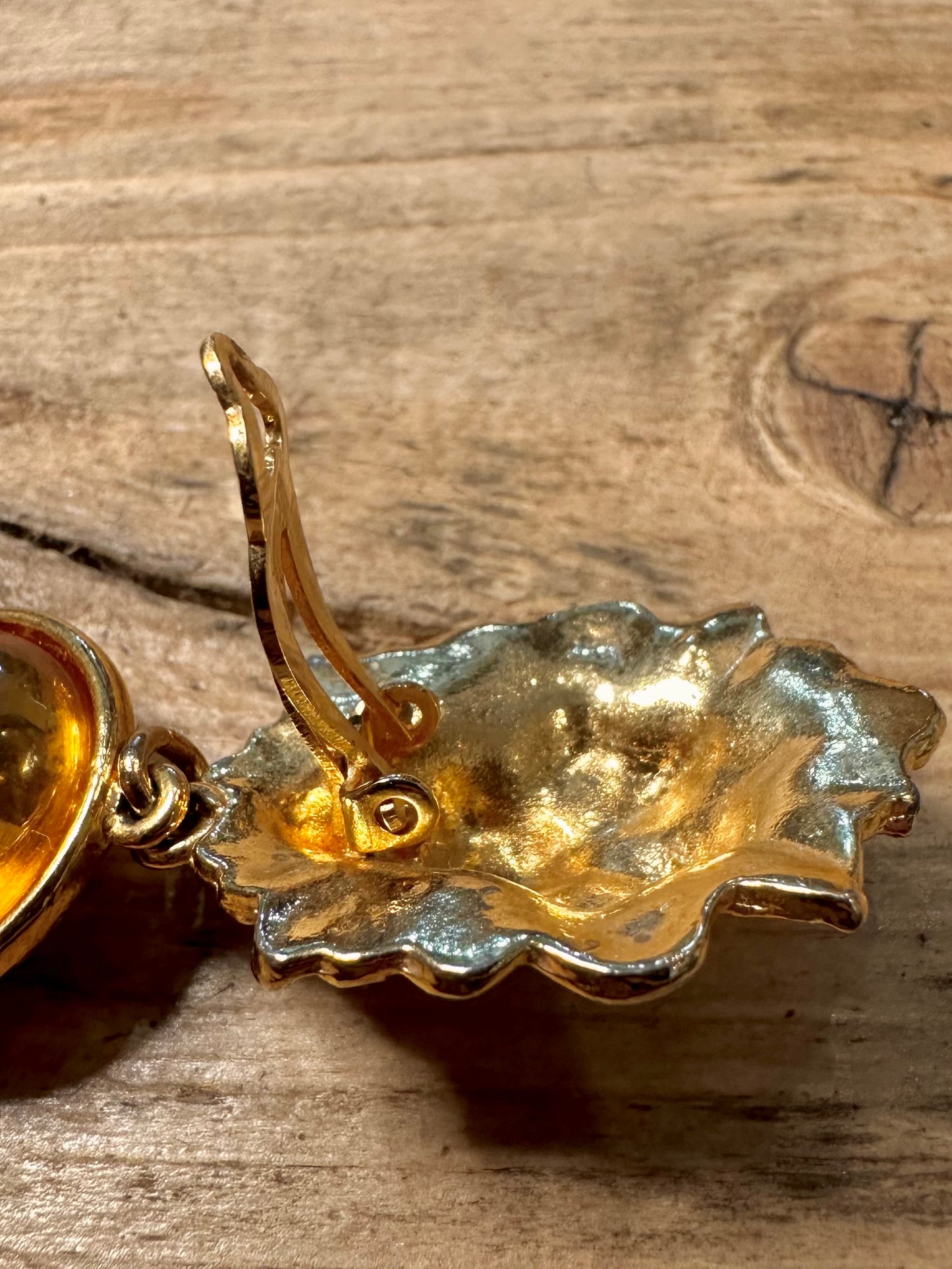 Vintage Lion Head and Orange Circles Gold Costume Earrings