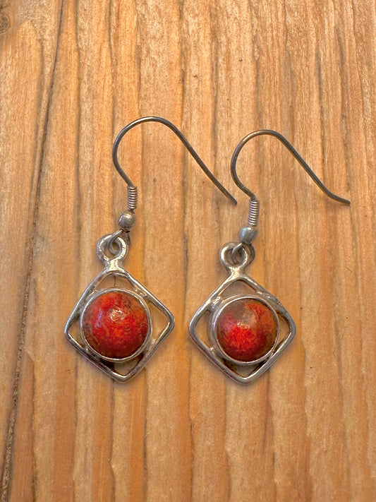Vintage Coral Square Dangle 925 Sterling Silver Earrings