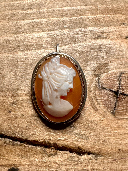Vintage Continental Cameo Shell 800 Silver Brooch Pendant