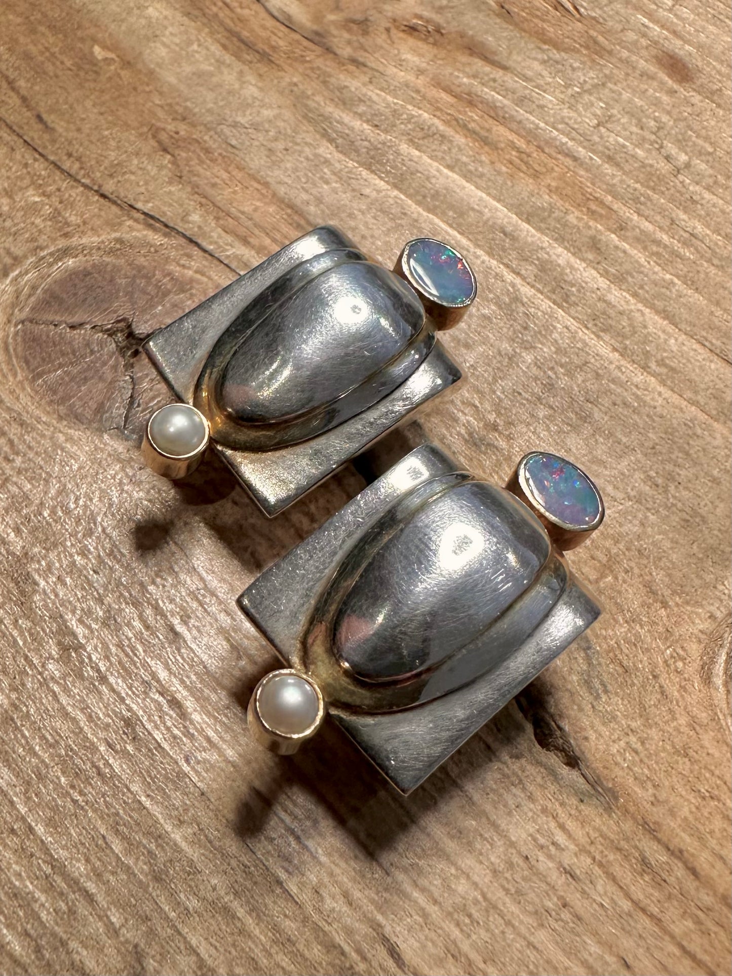 Abstract Opal and Pearl Chunky Studs 925 Silver Earrings