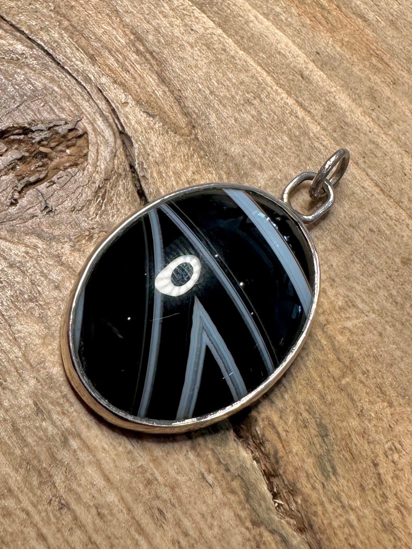 Vintage 1986 Black Agate Oval 925 Silver Pendant