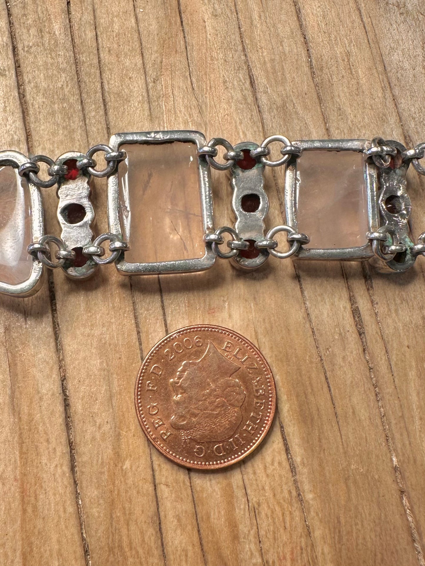 Vintage Rose Quarts and Red Stone 925 Sterling Silver 6 to 7.5 Bracelet