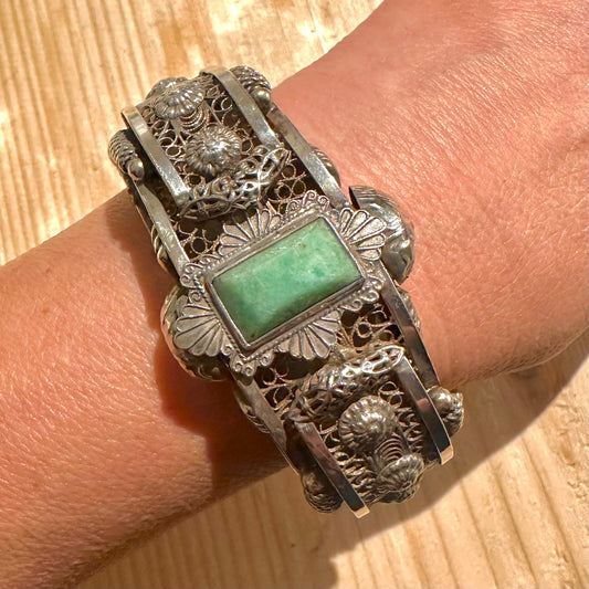 Vintage Chinese Filigree Jadeite 800 Silver Hinged Bangle
