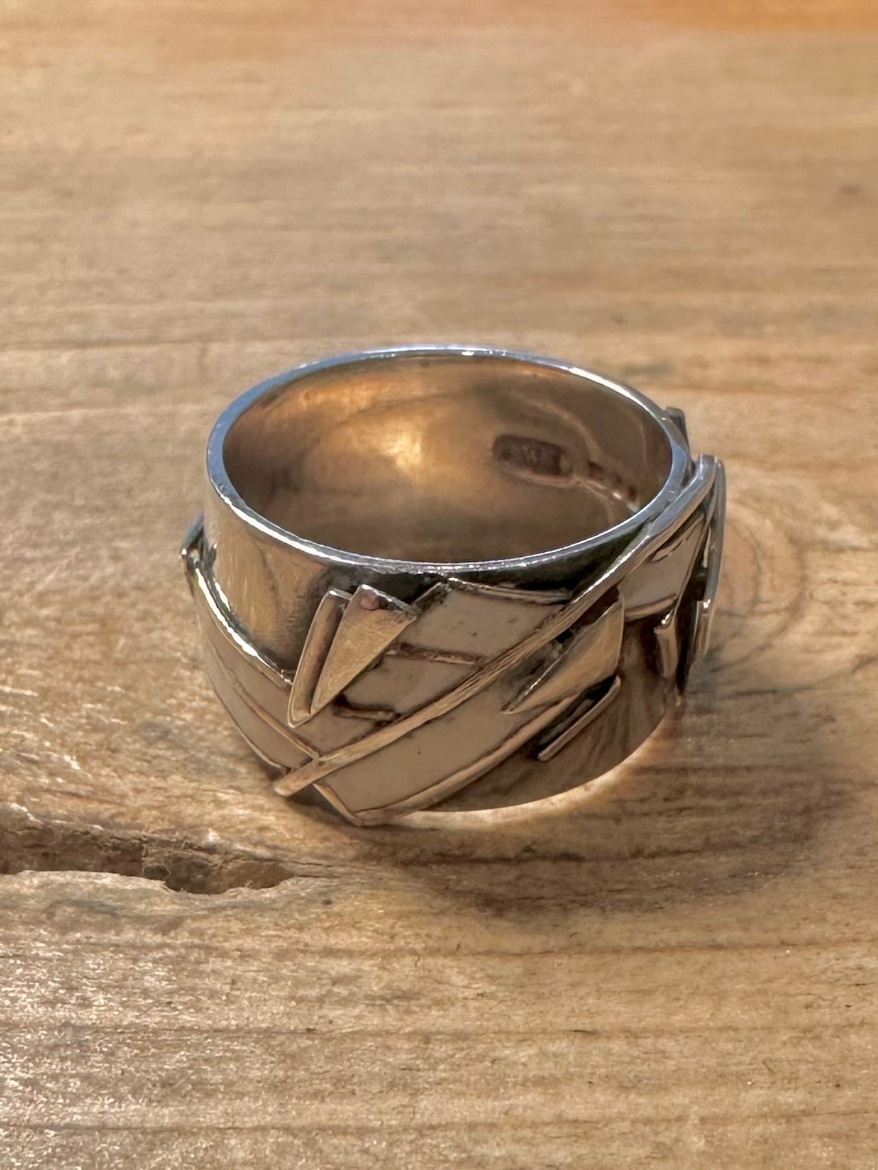 Vintage Abstract 1985 White Enamel 925 Silver Size N Ring