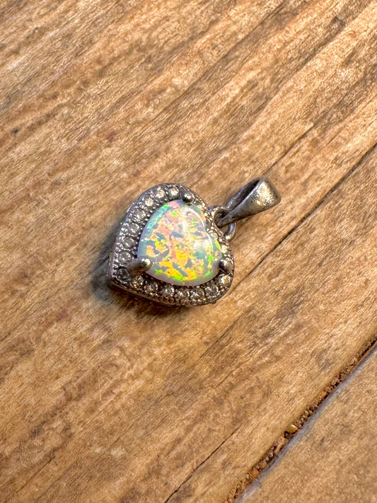 Heart Opal and White CZ 925 Sterling Silver Pendant