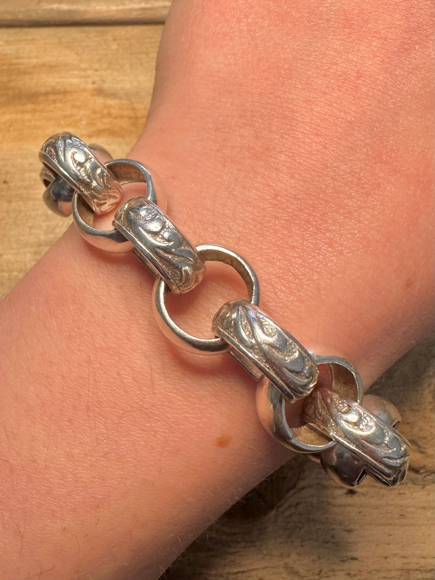 Vintage Engraved Chunky Belcher Albert Clasp 925 Silver 7.5 inch Bracelet
