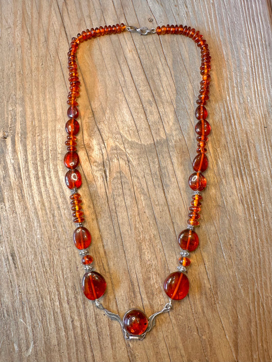 Amber Leaf Design String and 925 Sterling Silver 19.5 inch Necklace