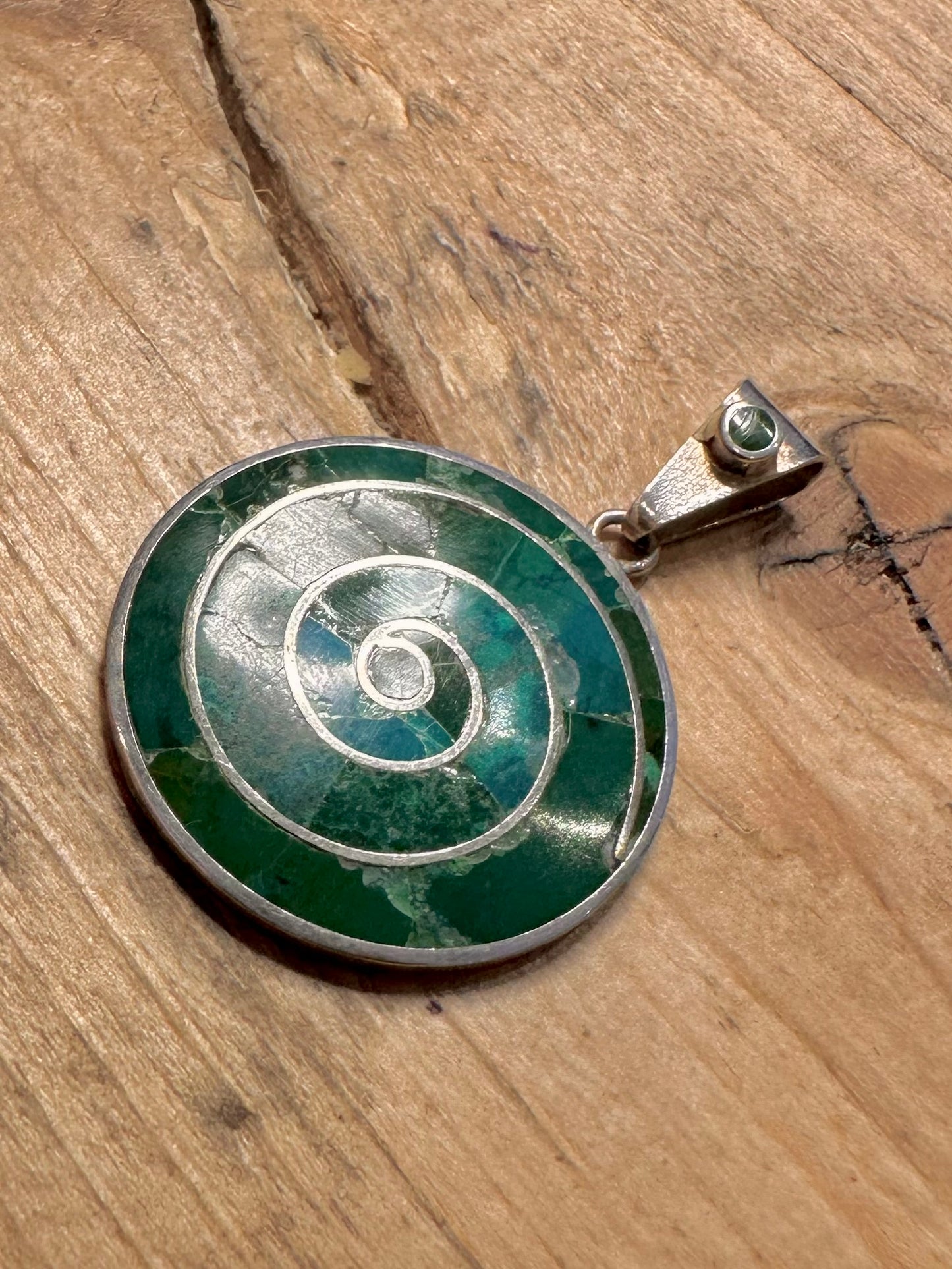 Vintage Chrysocolla Spiral Pachamama 950 Silver Pendant