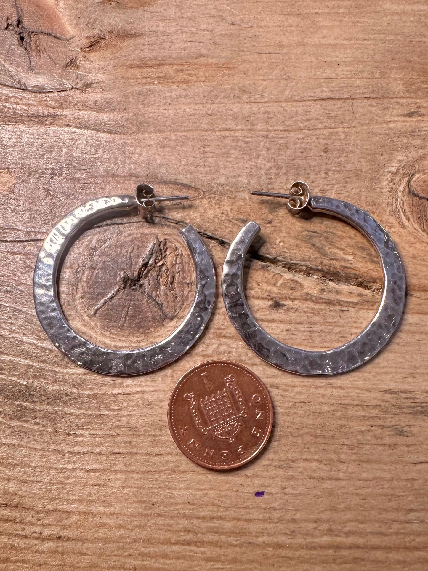 Modernist Hammered Hoop 925 Silver Earrings