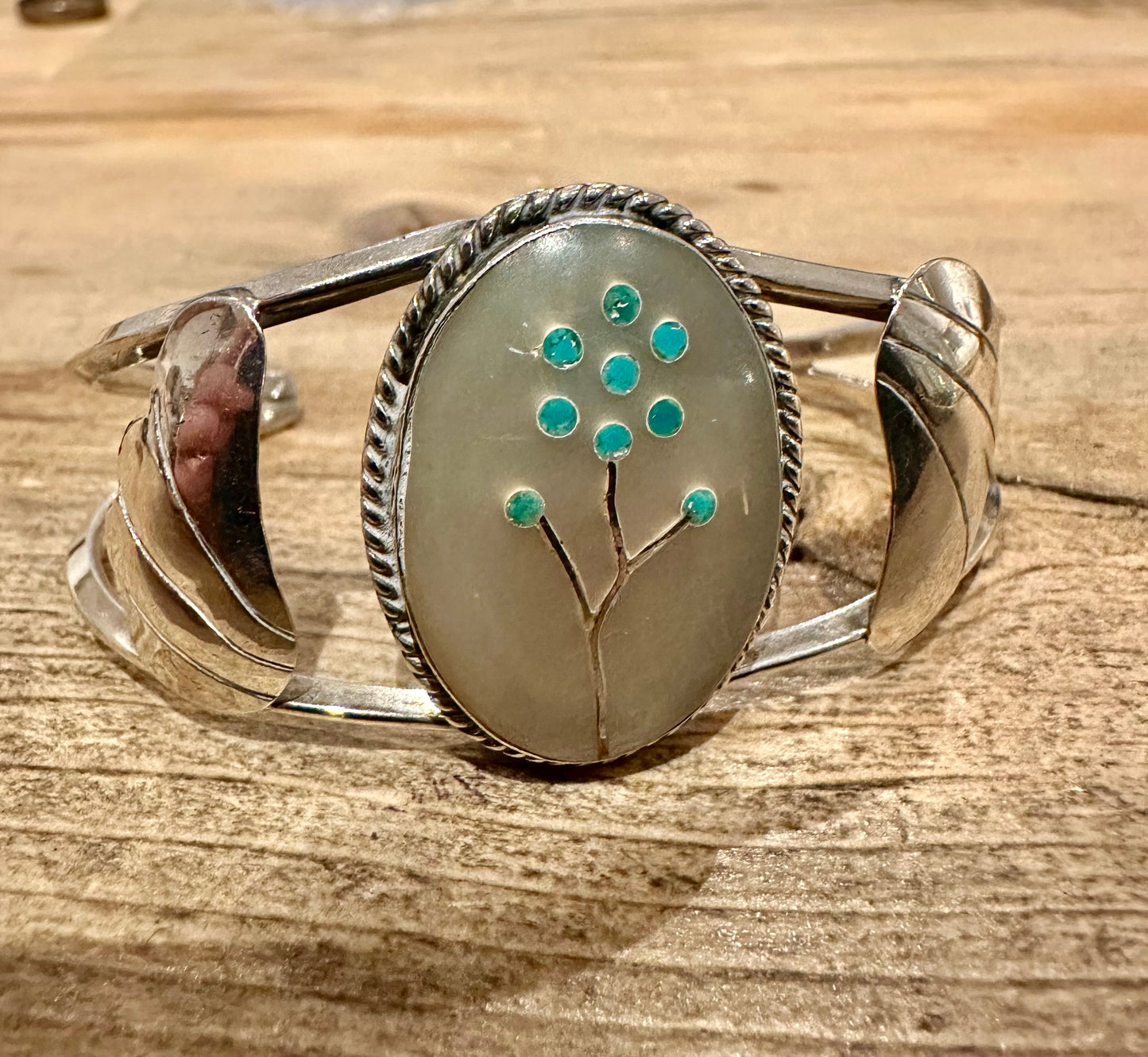 Vintage Navajo Zuni Mother of Pearl Turquoise Inlay 925 Silver Cuff Bangle