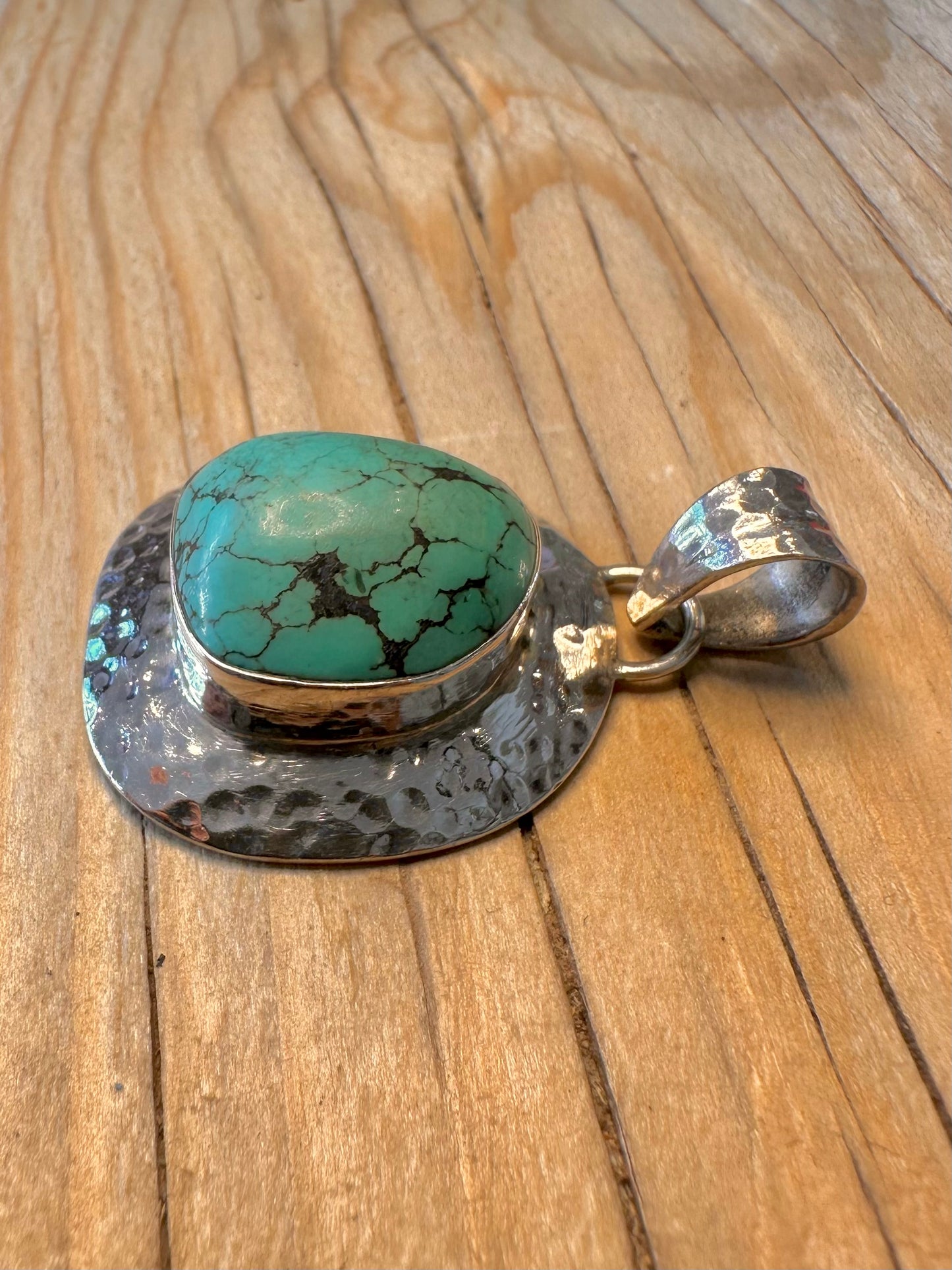 Abstract Hammered Turquoise 925 Silver Pendant