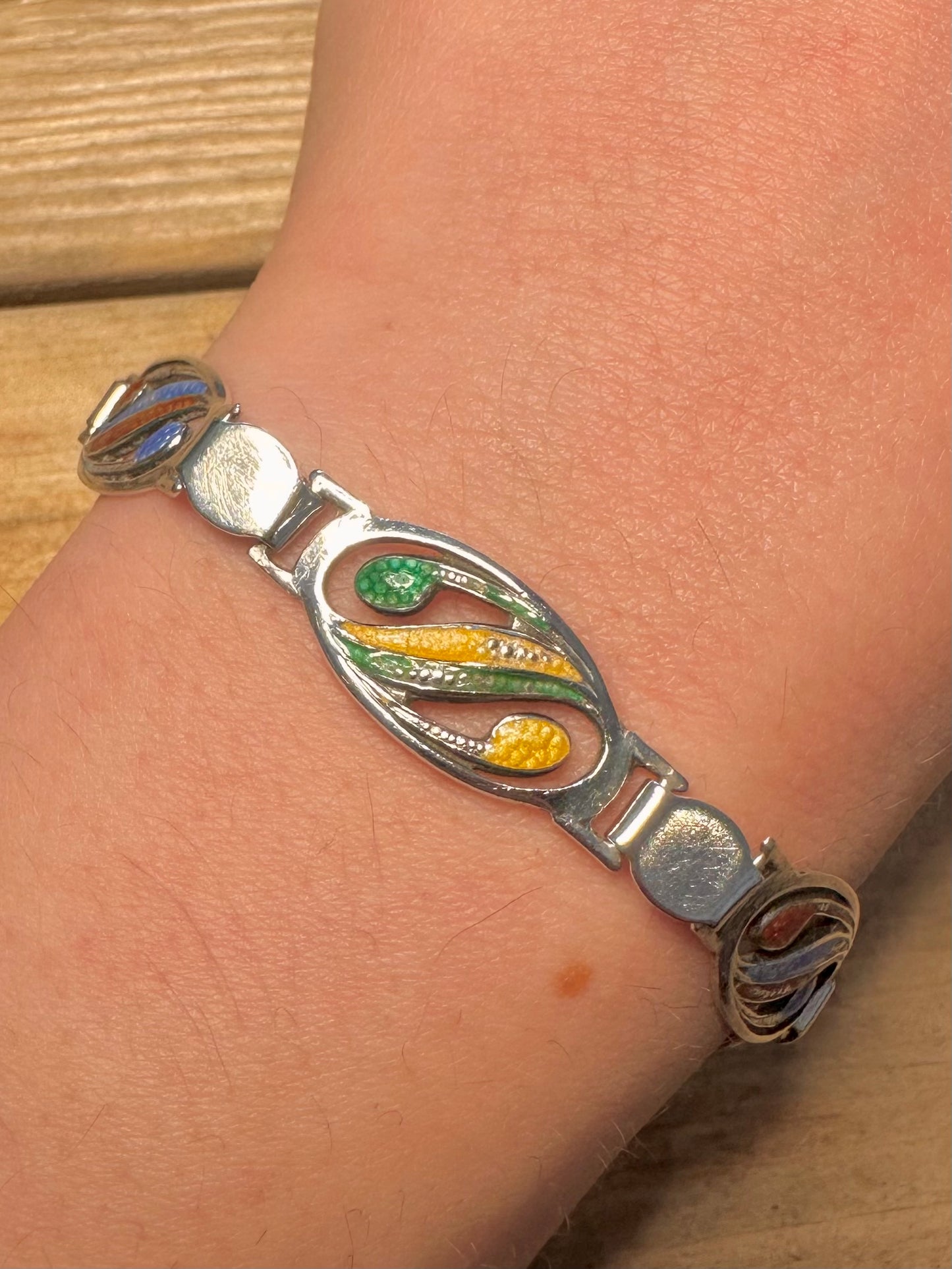 Antique 1908 Enamel Painted 925 Silver Birmingham 6.5 inch Bracelet