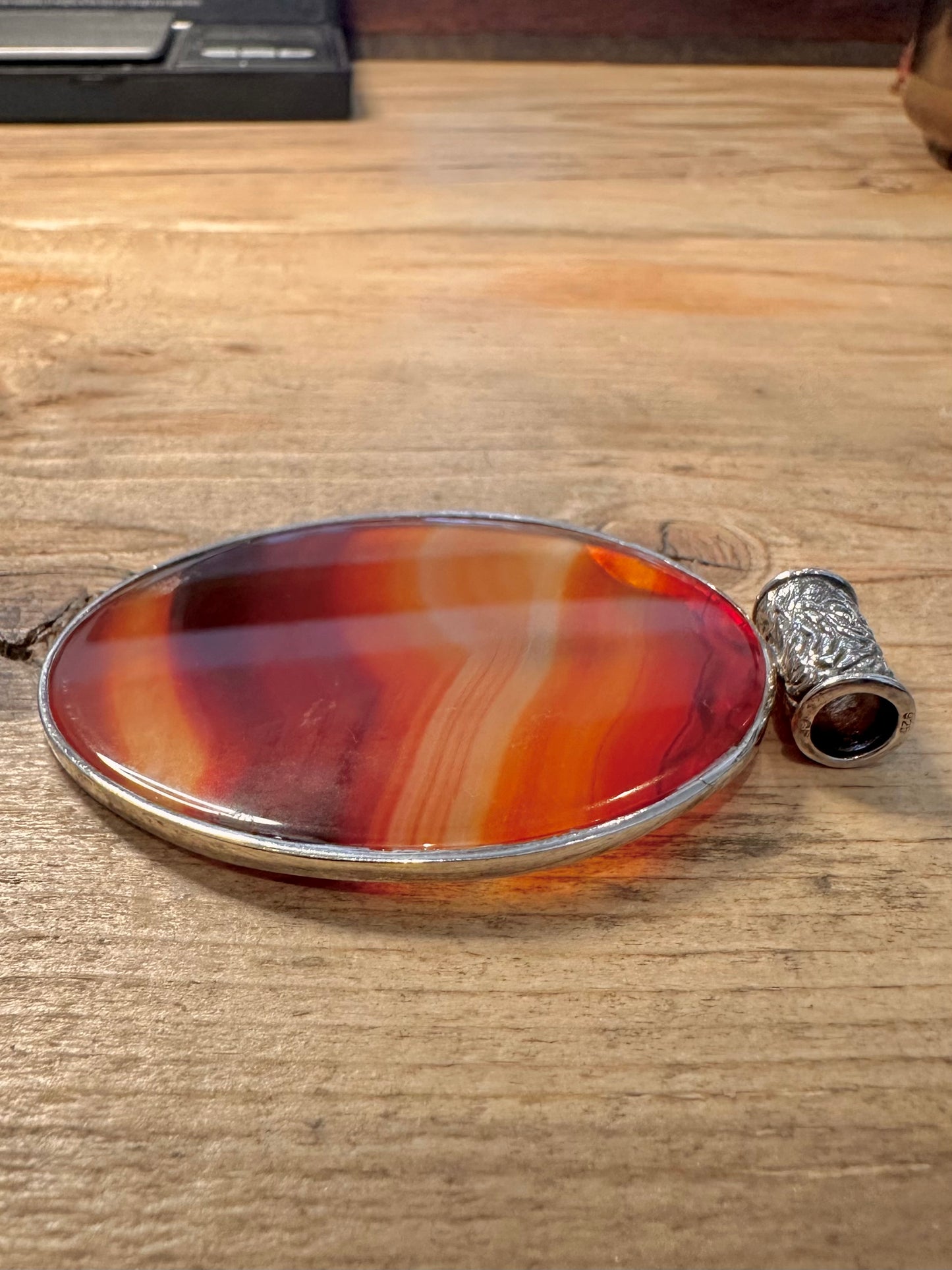Abstract Large Oval Banded Agate 925 Silver Pendant