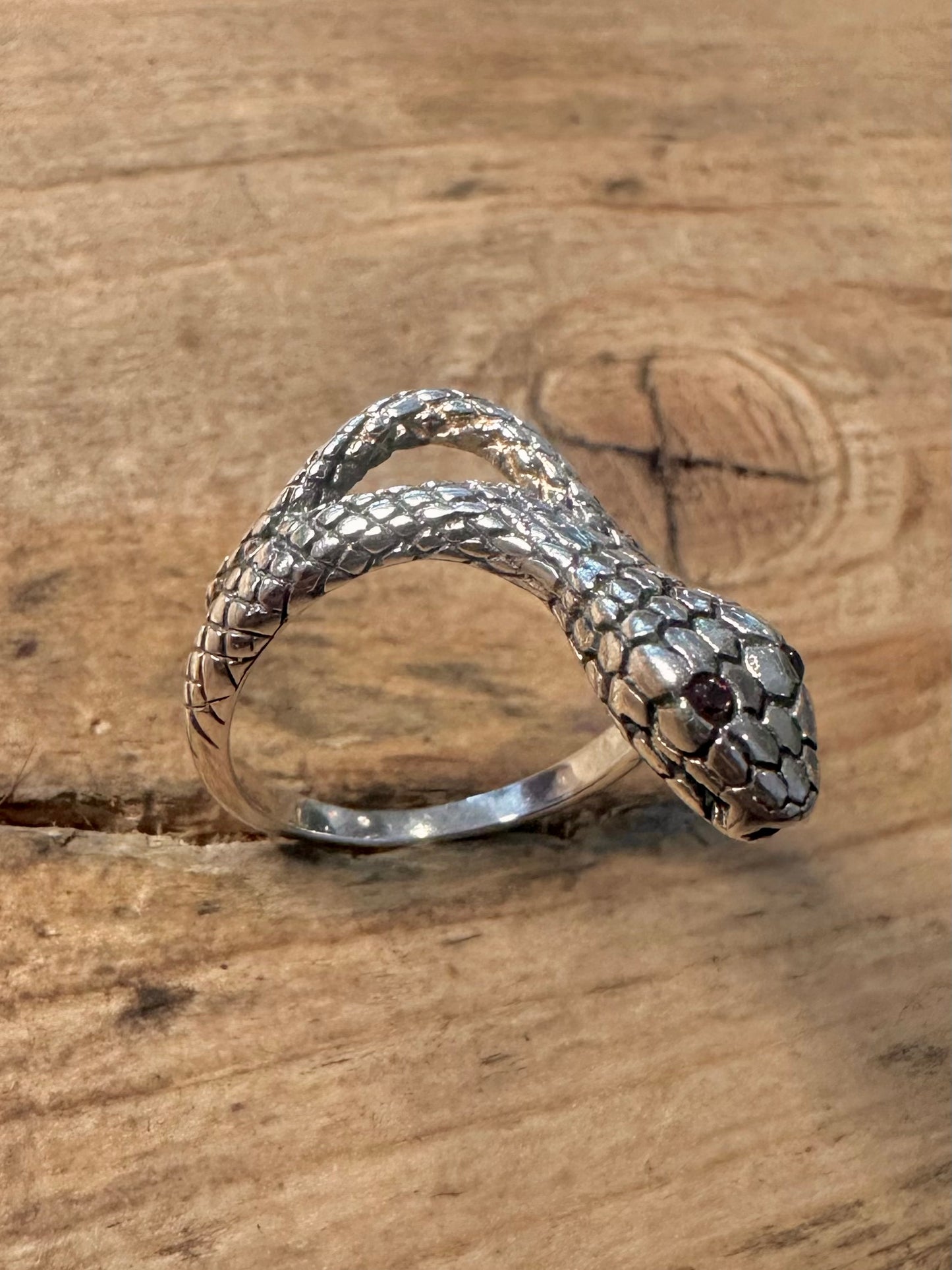 Vintage Snake Garnet Eyes 925 Silver Size Q Ring