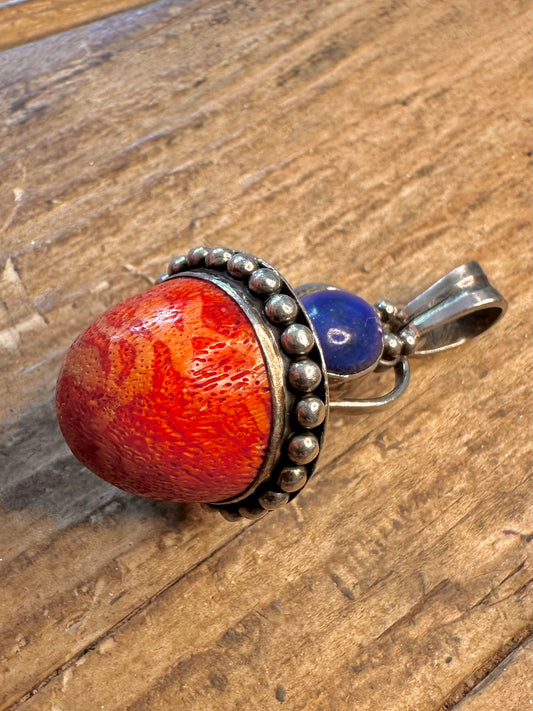 Ornate Lapis and Coral 925 Sterling Silver Pendant