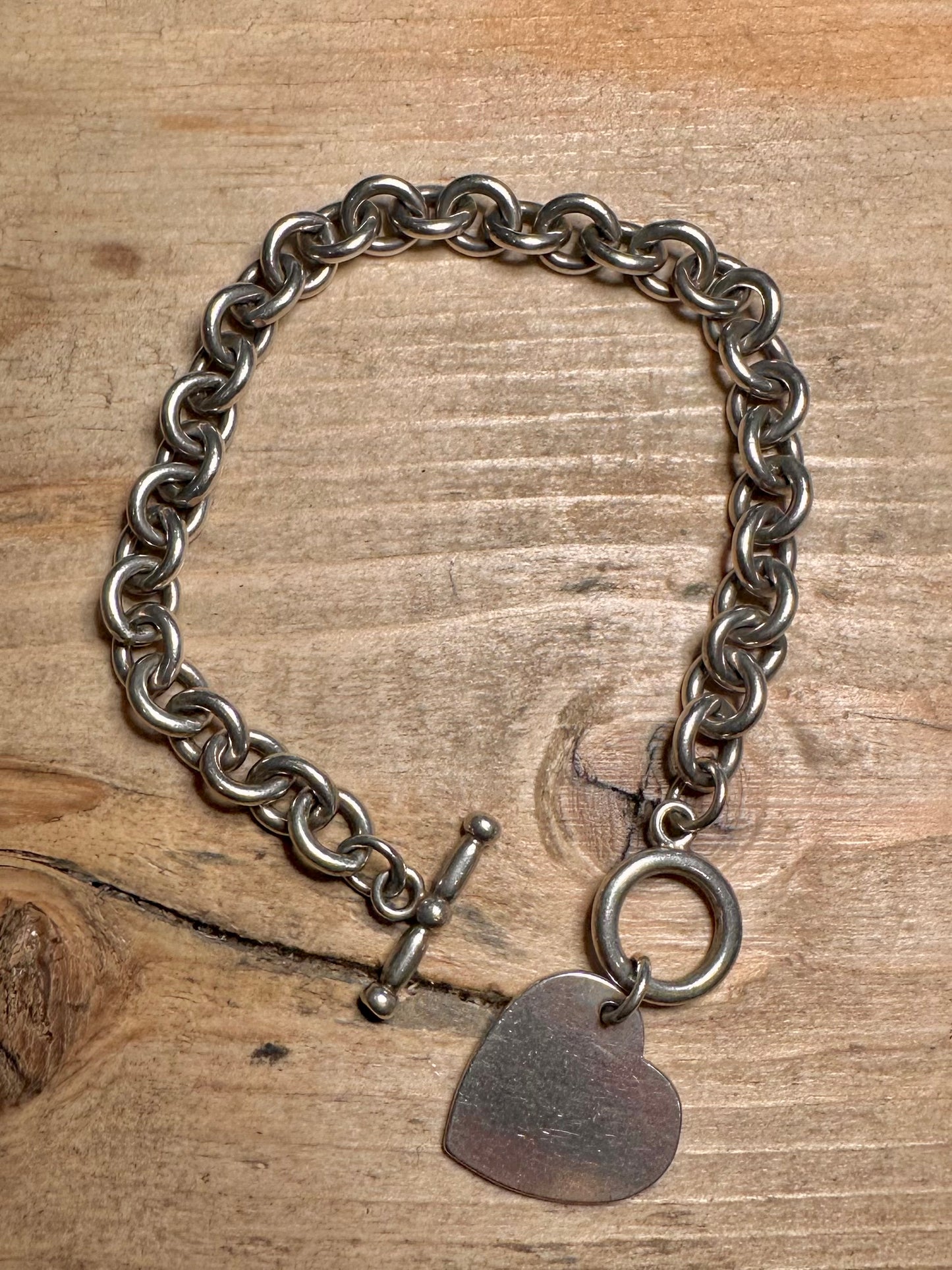 Vintage Belcher Chain Heart Pendant T Bar Clasp 925 Silver 8 inch Bracelet